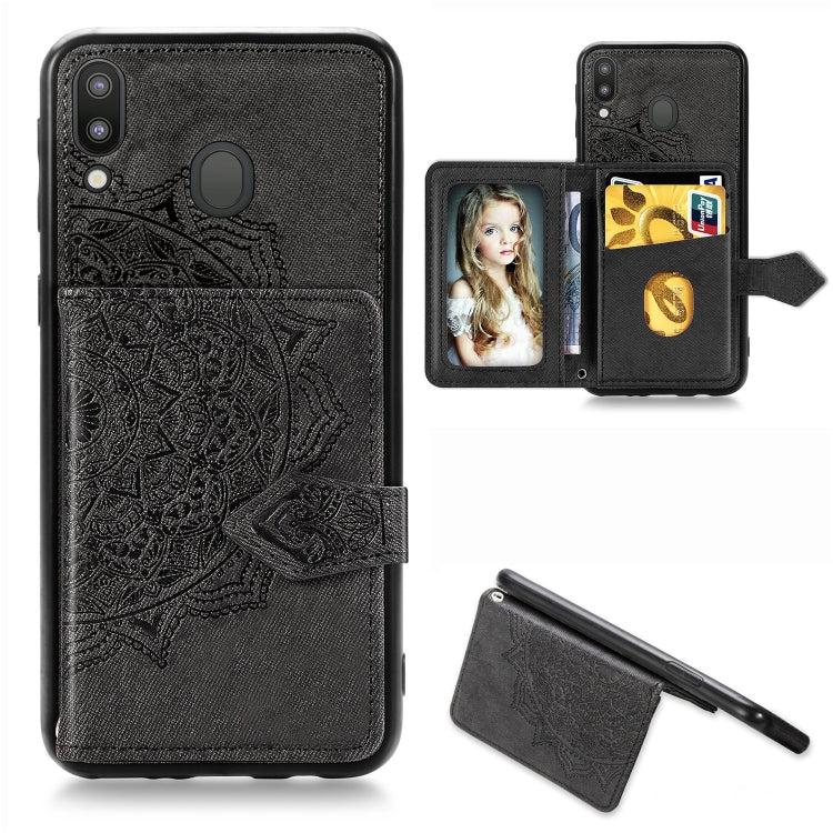 For Galaxy M20 Mandala Embossed Magnetic Cloth PU + TPU + PC Case with Holder & Card Slots & Wallet & Photo Frame & Strap