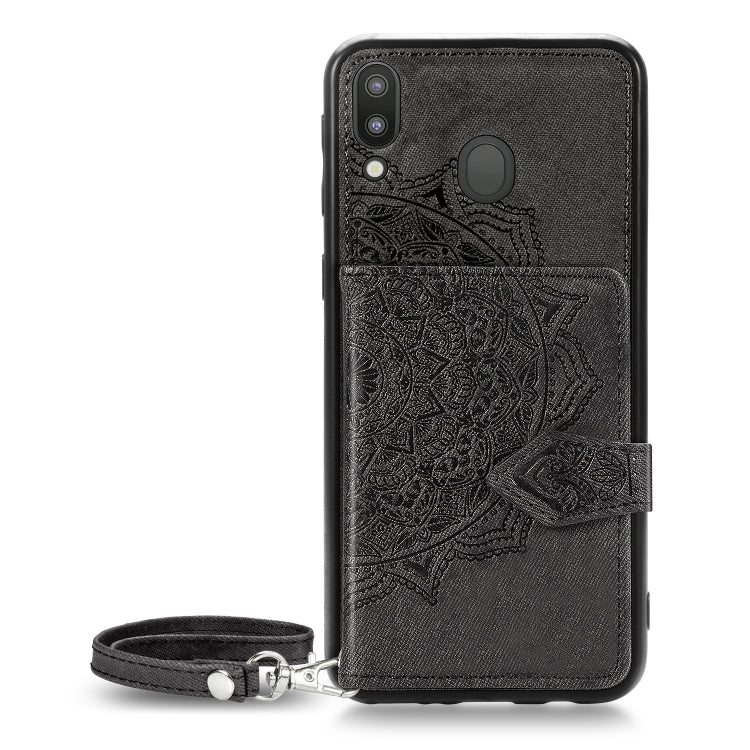 For Galaxy M20 Mandala Embossed Magnetic Cloth PU + TPU + PC Case with Holder & Card Slots & Wallet & Photo Frame & Strap