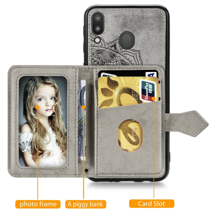 For Galaxy M20 Mandala Embossed Magnetic Cloth PU + TPU + PC Case with Holder & Card Slots & Wallet & Photo Frame & Strap