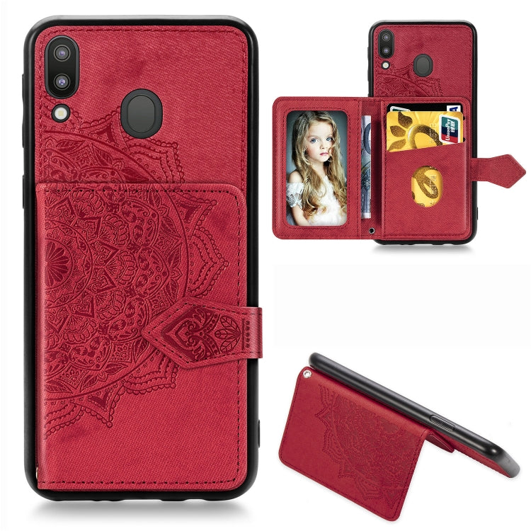 For Galaxy M20 Mandala Embossed Magnetic Cloth PU + TPU + PC Case with Holder & Card Slots & Wallet & Photo Frame & Strap