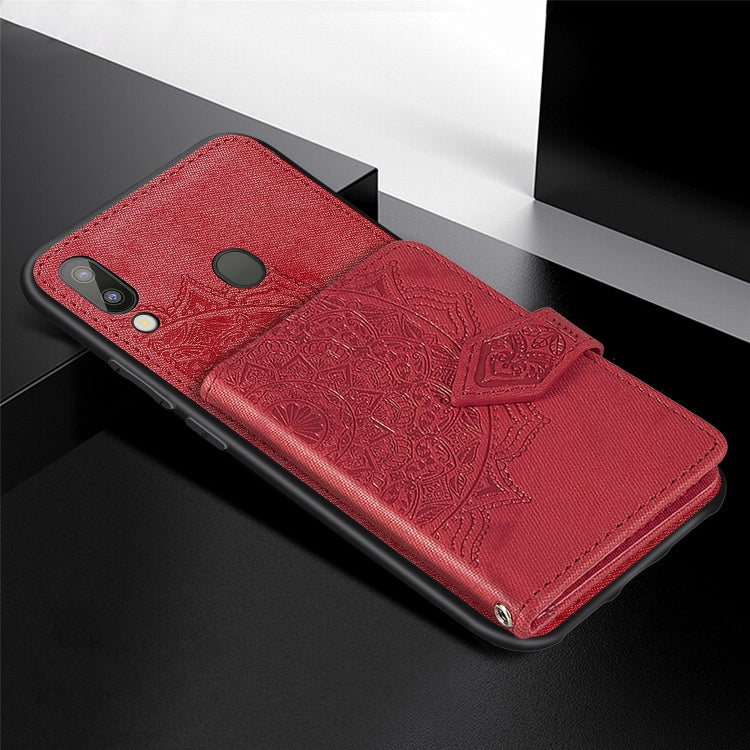 For Galaxy M20 Mandala Embossed Magnetic Cloth PU + TPU + PC Case with Holder & Card Slots & Wallet & Photo Frame & Strap