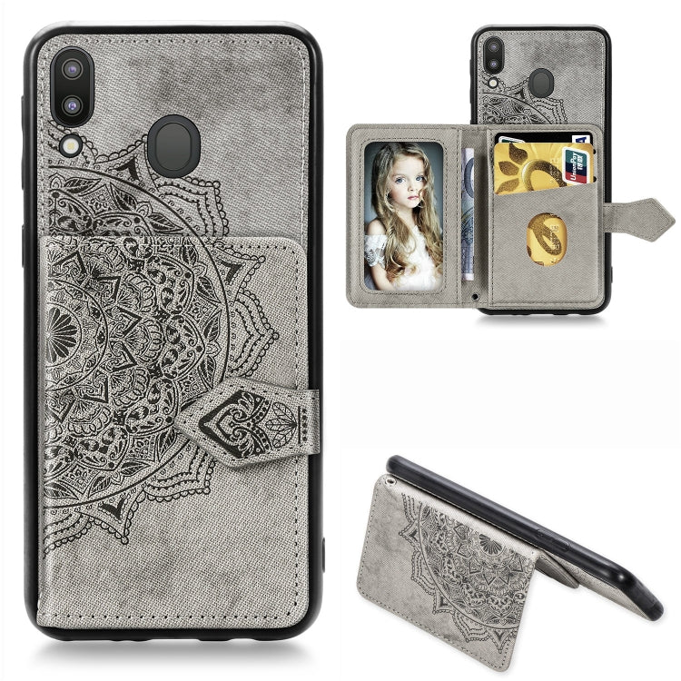 For Galaxy M20 Mandala Embossed Magnetic Cloth PU + TPU + PC Case with Holder & Card Slots & Wallet & Photo Frame & Strap