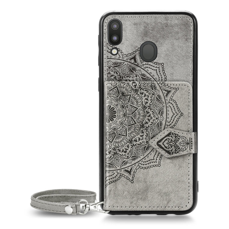 For Galaxy M20 Mandala Embossed Magnetic Cloth PU + TPU + PC Case with Holder & Card Slots & Wallet & Photo Frame & Strap