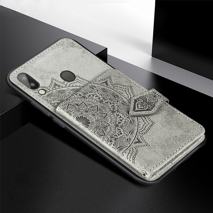 For Galaxy M20 Mandala Embossed Magnetic Cloth PU + TPU + PC Case with Holder & Card Slots & Wallet & Photo Frame & Strap