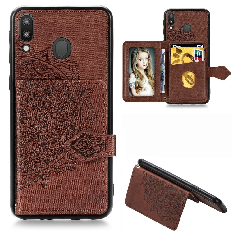 For Galaxy M20 Mandala Embossed Magnetic Cloth PU + TPU + PC Case with Holder & Card Slots & Wallet & Photo Frame & Strap