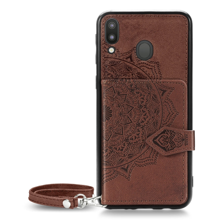 For Galaxy M20 Mandala Embossed Magnetic Cloth PU + TPU + PC Case with Holder & Card Slots & Wallet & Photo Frame & Strap