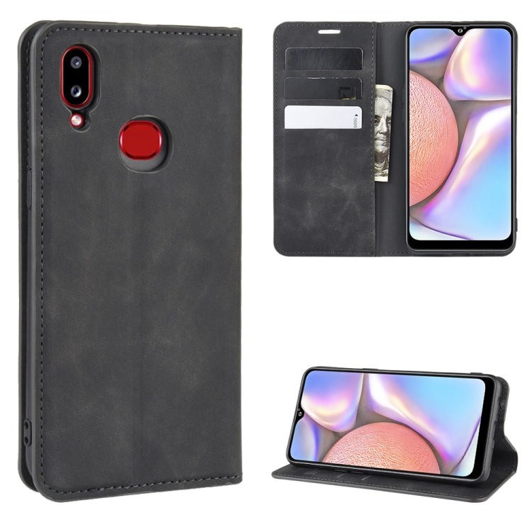 For Galaxy A10s Retro-skin Business Magnetic Suction Leather Case with Holder & Card Slots & Wallet