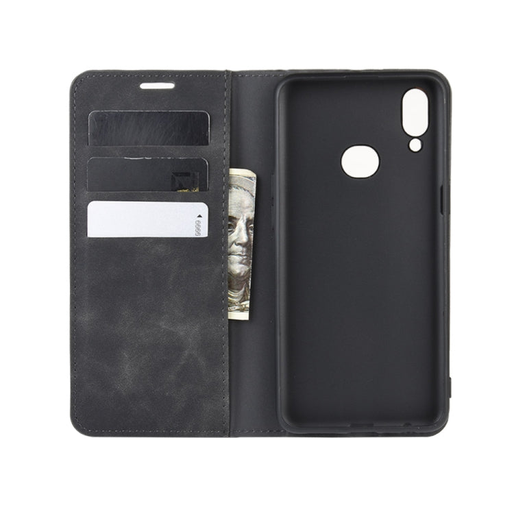 For Galaxy A10s Retro-skin Business Magnetic Suction Leather Case with Holder & Card Slots & Wallet