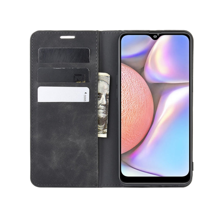 For Galaxy A10s Retro-skin Business Magnetic Suction Leather Case with Holder & Card Slots & Wallet