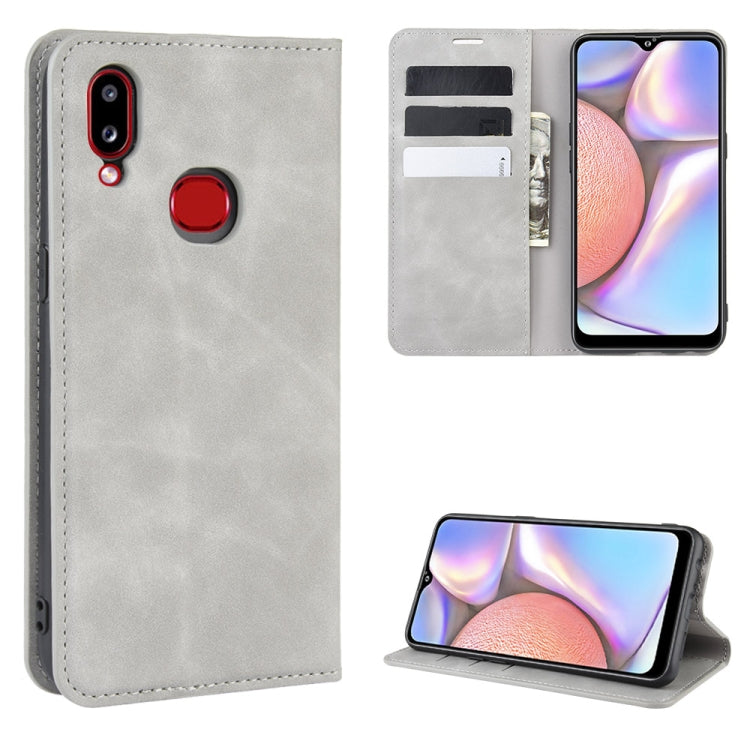 For Galaxy A10s Retro-skin Business Magnetic Suction Leather Case with Holder & Card Slots & Wallet