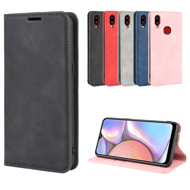 For Galaxy A10s Retro-skin Business Magnetic Suction Leather Case with Holder & Card Slots & Wallet