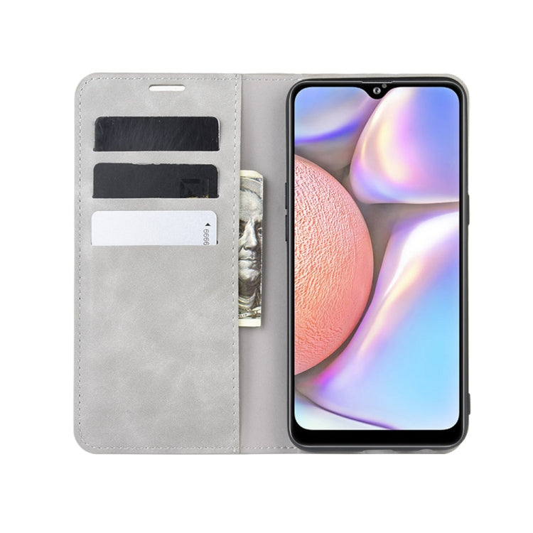 For Galaxy A10s Retro-skin Business Magnetic Suction Leather Case with Holder & Card Slots & Wallet