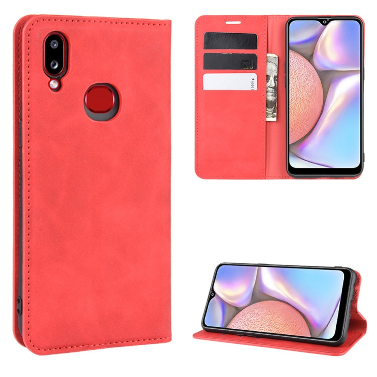 For Galaxy A10s Retro-skin Business Magnetic Suction Leather Case with Holder & Card Slots & Wallet