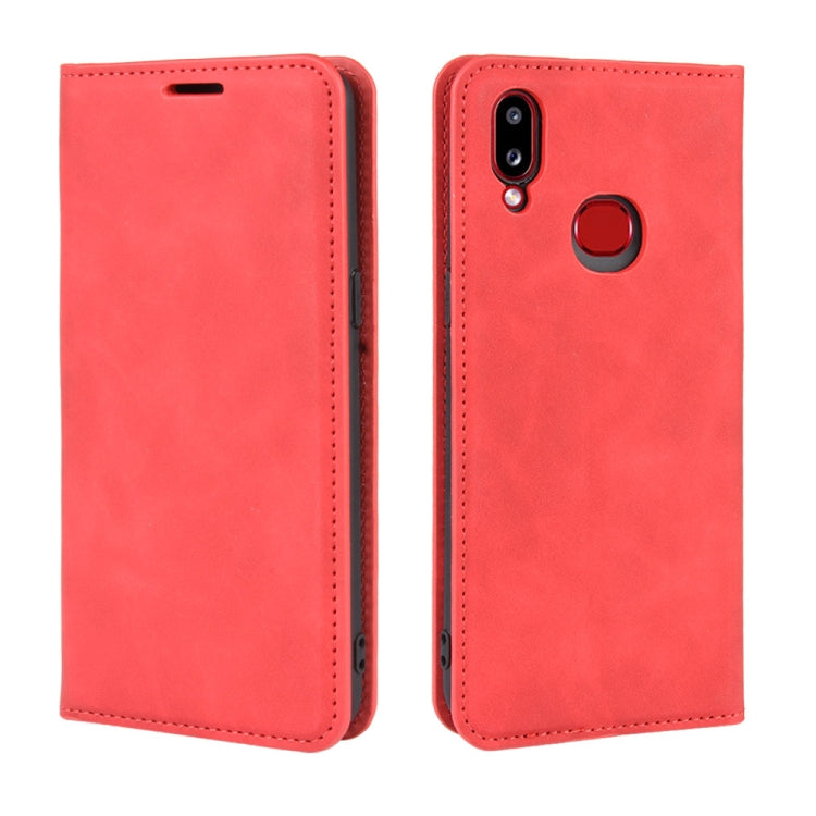 For Galaxy A10s Retro-skin Business Magnetic Suction Leather Case with Holder & Card Slots & Wallet