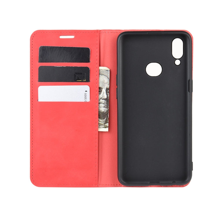 For Galaxy A10s Retro-skin Business Magnetic Suction Leather Case with Holder & Card Slots & Wallet