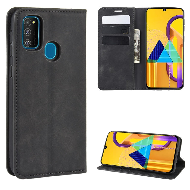 For Galaxy M30s Retro-skin Business Magnetic Suction Leather Case with Holder & Card Slots & Wallet