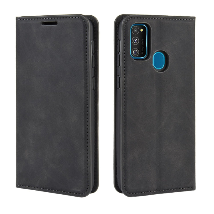 For Galaxy M30s Retro-skin Business Magnetic Suction Leather Case with Holder & Card Slots & Wallet