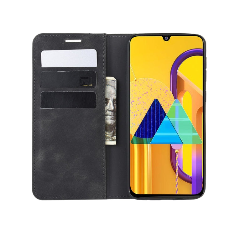 For Galaxy M30s Retro-skin Business Magnetic Suction Leather Case with Holder & Card Slots & Wallet