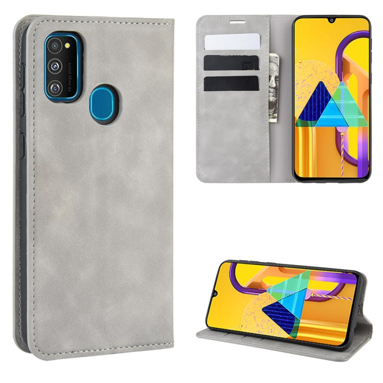 For Galaxy M30s Retro-skin Business Magnetic Suction Leather Case with Holder & Card Slots & Wallet