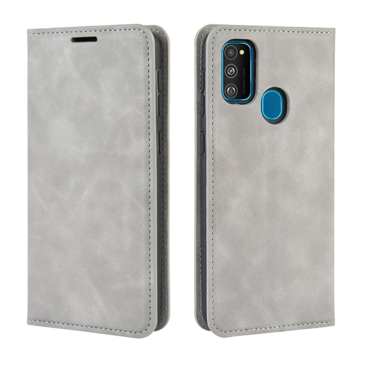 For Galaxy M30s Retro-skin Business Magnetic Suction Leather Case with Holder & Card Slots & Wallet