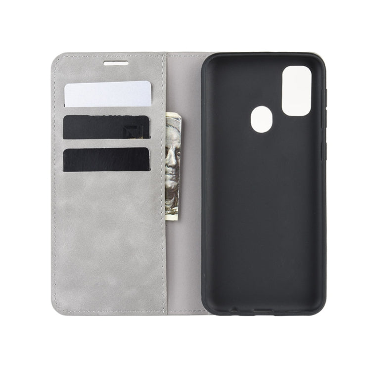 For Galaxy M30s Retro-skin Business Magnetic Suction Leather Case with Holder & Card Slots & Wallet