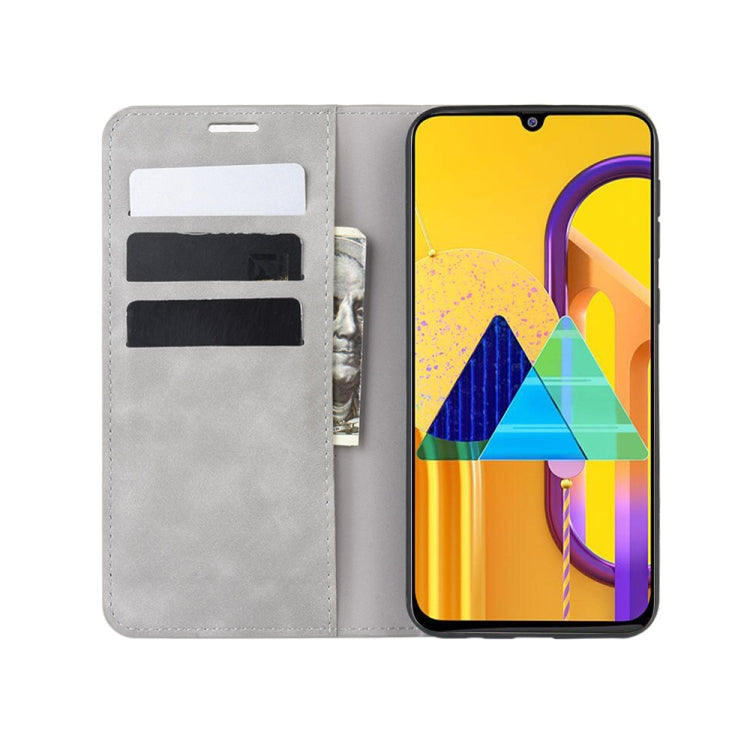 For Galaxy M30s Retro-skin Business Magnetic Suction Leather Case with Holder & Card Slots & Wallet