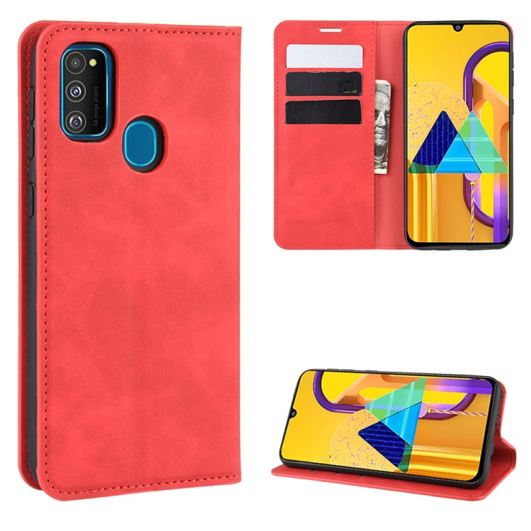 For Galaxy M30s Retro-skin Business Magnetic Suction Leather Case with Holder & Card Slots & Wallet