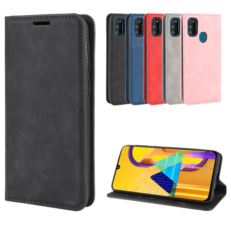 For Galaxy M30s Retro-skin Business Magnetic Suction Leather Case with Holder & Card Slots & Wallet