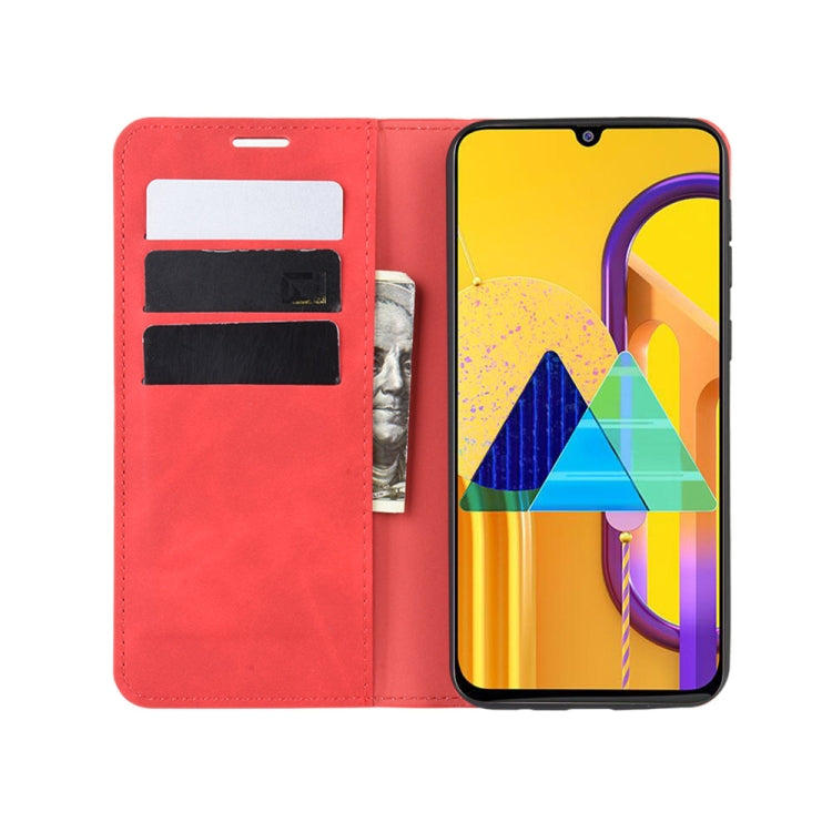 For Galaxy M30s Retro-skin Business Magnetic Suction Leather Case with Holder & Card Slots & Wallet