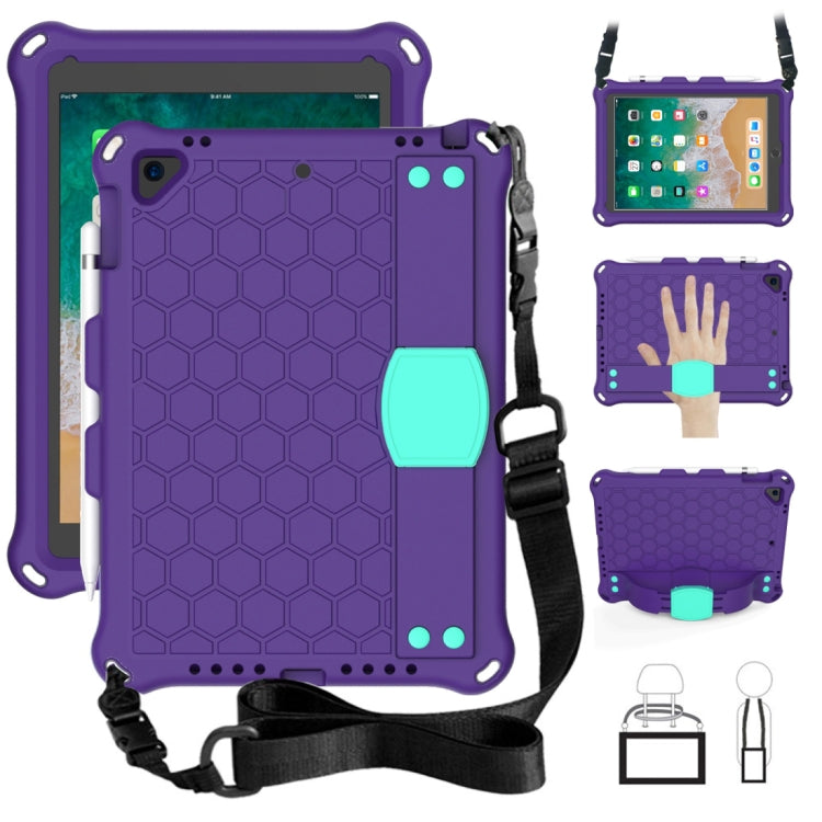 For iPad 9.7 2017/2018 Honeycomb Design EVA + PC Four Corner Anti Falling Flat Protective Shell With Straps