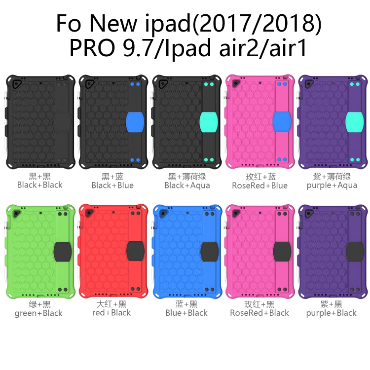 For iPad 9.7 2017/2018 Honeycomb Design EVA + PC Four Corner Anti Falling Flat Protective Shell With Straps