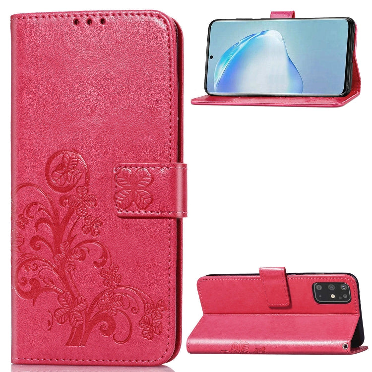 For Galaxy S20+ Four-leaf Clasp Embossed Buckle Mobile Phone Protection Leather Case with Lanyard & Card Slot & Wallet & Bracket Function