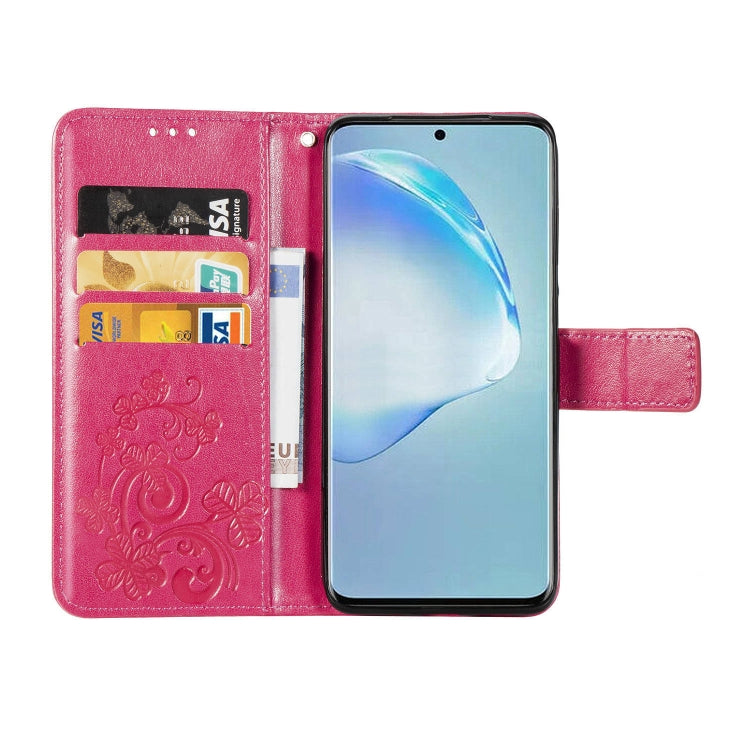 For Galaxy S20+ Four-leaf Clasp Embossed Buckle Mobile Phone Protection Leather Case with Lanyard & Card Slot & Wallet & Bracket Function