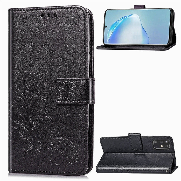 For Galaxy S20+ Four-leaf Clasp Embossed Buckle Mobile Phone Protection Leather Case with Lanyard & Card Slot & Wallet & Bracket Function