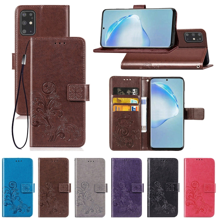 For Galaxy S20+ Four-leaf Clasp Embossed Buckle Mobile Phone Protection Leather Case with Lanyard & Card Slot & Wallet & Bracket Function