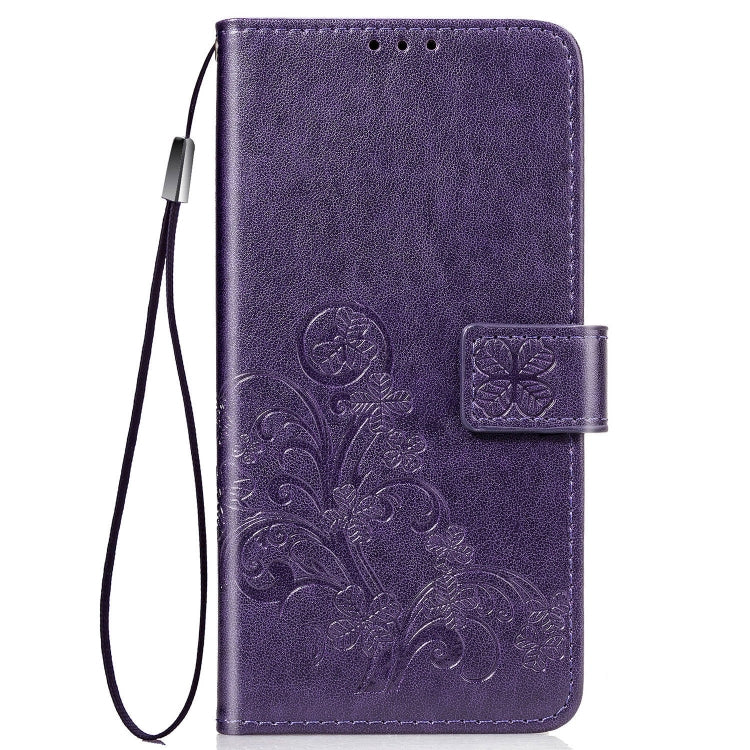 For Galaxy S20+ Four-leaf Clasp Embossed Buckle Mobile Phone Protection Leather Case with Lanyard & Card Slot & Wallet & Bracket Function