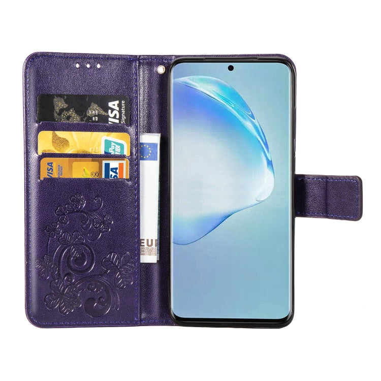 For Galaxy S20+ Four-leaf Clasp Embossed Buckle Mobile Phone Protection Leather Case with Lanyard & Card Slot & Wallet & Bracket Function