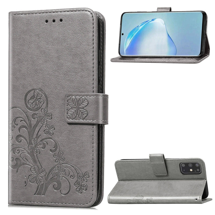 For Galaxy S20+ Four-leaf Clasp Embossed Buckle Mobile Phone Protection Leather Case with Lanyard & Card Slot & Wallet & Bracket Function