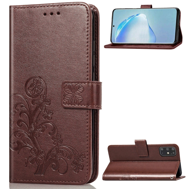 For Galaxy S20+ Four-leaf Clasp Embossed Buckle Mobile Phone Protection Leather Case with Lanyard & Card Slot & Wallet & Bracket Function