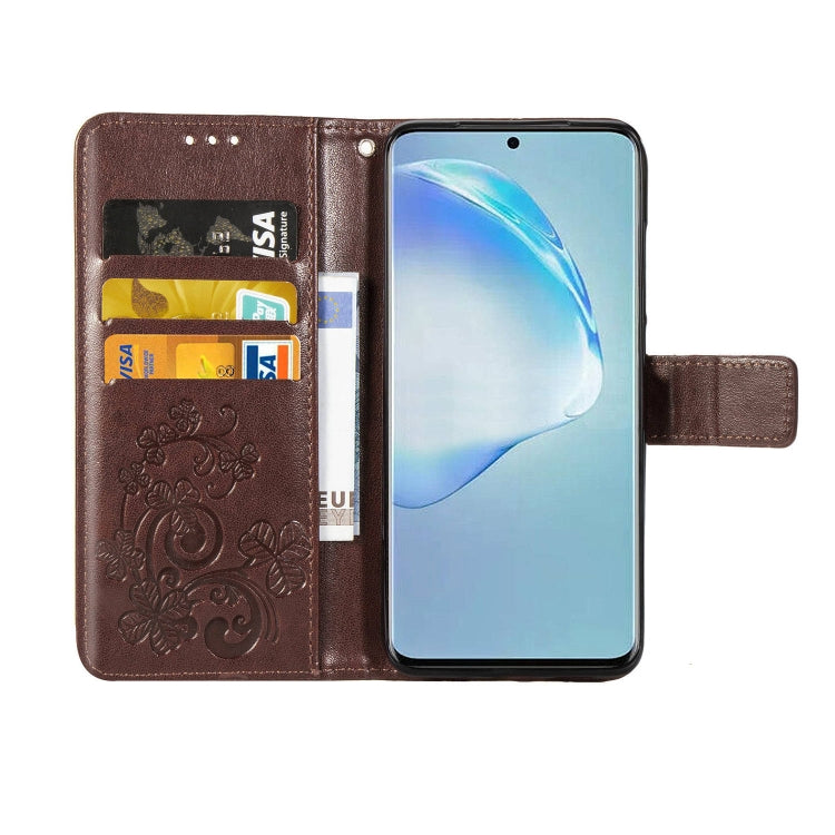 For Galaxy S20+ Four-leaf Clasp Embossed Buckle Mobile Phone Protection Leather Case with Lanyard & Card Slot & Wallet & Bracket Function