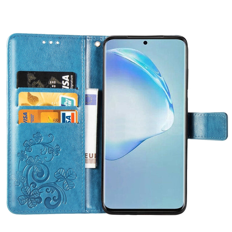 For Galaxy S20+ Four-leaf Clasp Embossed Buckle Mobile Phone Protection Leather Case with Lanyard & Card Slot & Wallet & Bracket Function