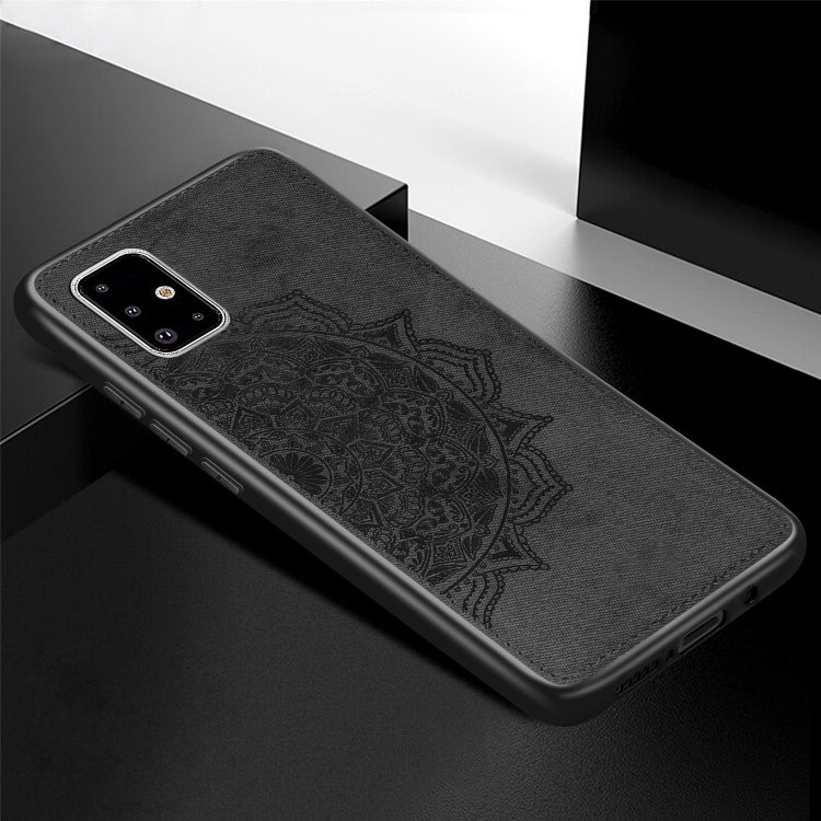 For Galaxy A71 Mandala Embossed Cloth Cover PC + TPU Mobile Phone Case with Magnetic Function and Hand Strap