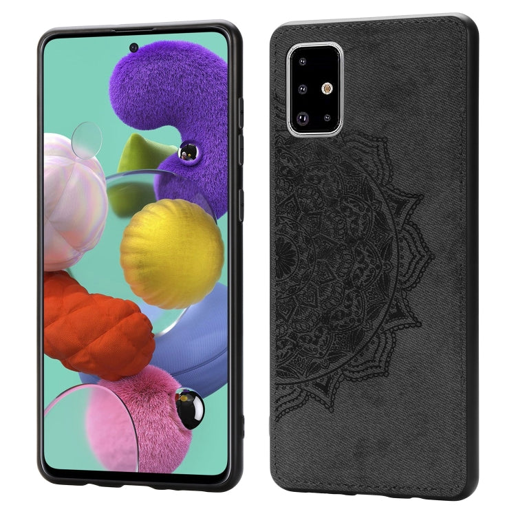 For Galaxy A71 Mandala Embossed Cloth Cover PC + TPU Mobile Phone Case with Magnetic Function and Hand Strap