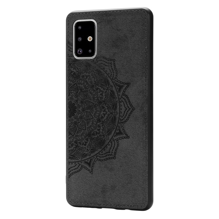 For Galaxy A71 Mandala Embossed Cloth Cover PC + TPU Mobile Phone Case with Magnetic Function and Hand Strap