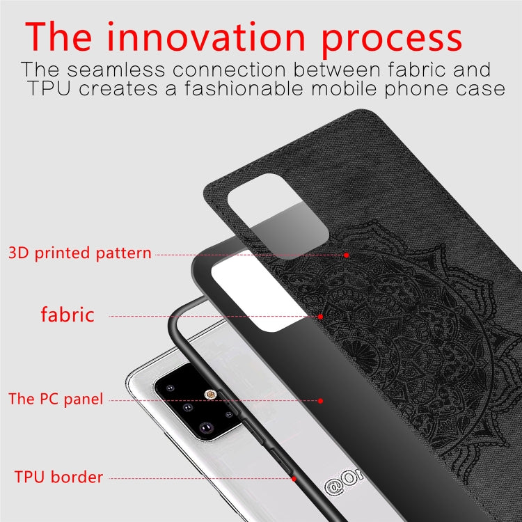 For Galaxy A71 Mandala Embossed Cloth Cover PC + TPU Mobile Phone Case with Magnetic Function and Hand Strap