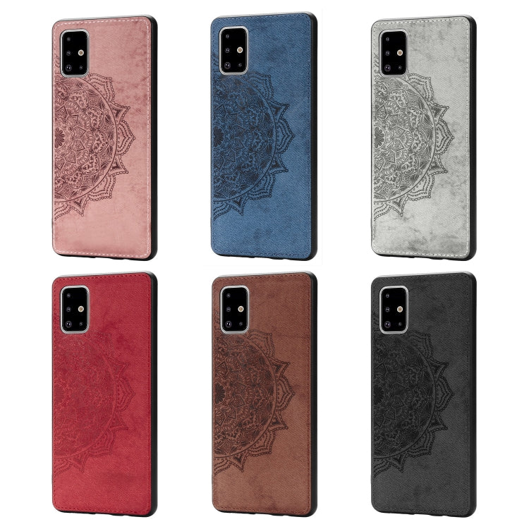 For Galaxy A71 Mandala Embossed Cloth Cover PC + TPU Mobile Phone Case with Magnetic Function and Hand Strap