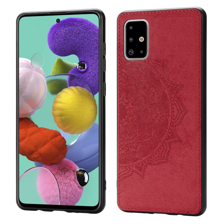 For Galaxy A71 Mandala Embossed Cloth Cover PC + TPU Mobile Phone Case with Magnetic Function and Hand Strap