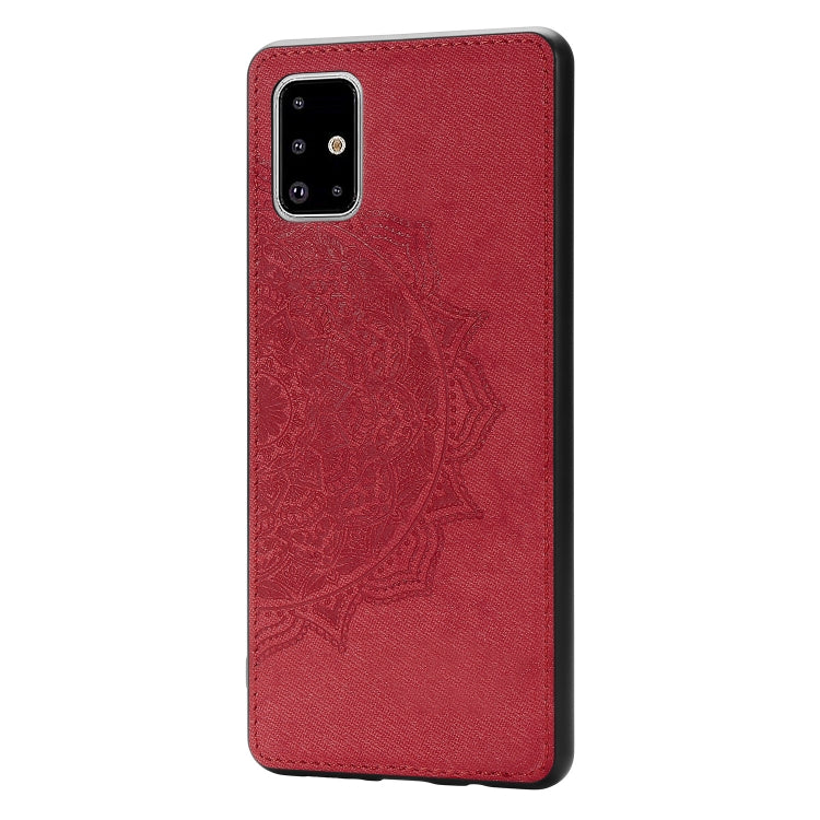 For Galaxy A71 Mandala Embossed Cloth Cover PC + TPU Mobile Phone Case with Magnetic Function and Hand Strap