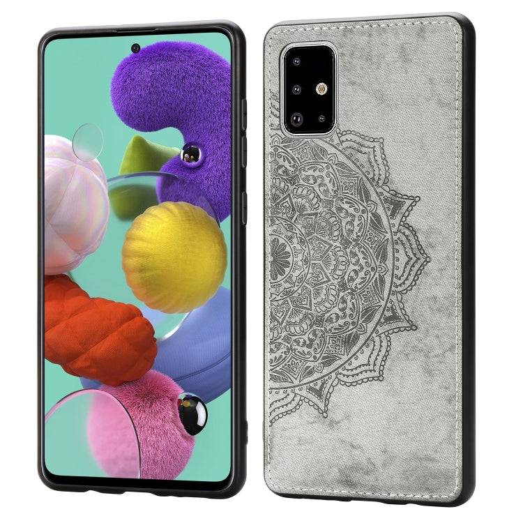 For Galaxy A71 Mandala Embossed Cloth Cover PC + TPU Mobile Phone Case with Magnetic Function and Hand Strap