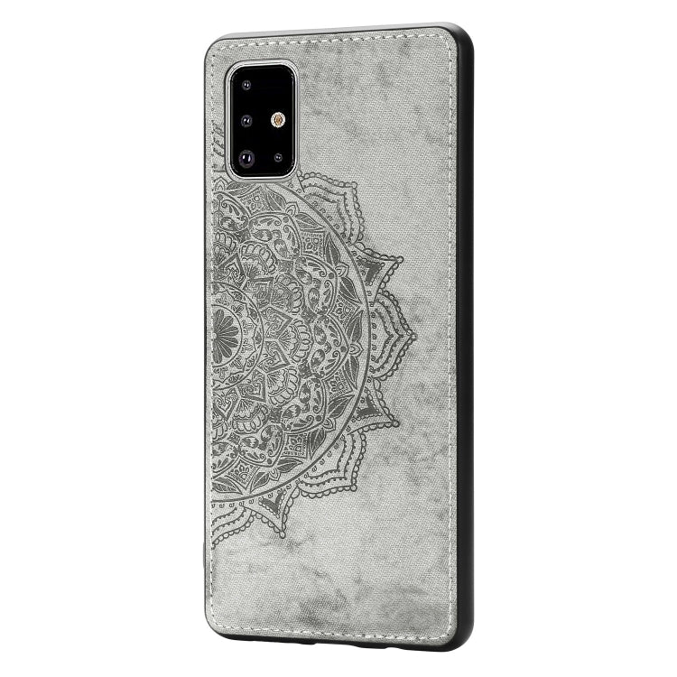 For Galaxy A71 Mandala Embossed Cloth Cover PC + TPU Mobile Phone Case with Magnetic Function and Hand Strap